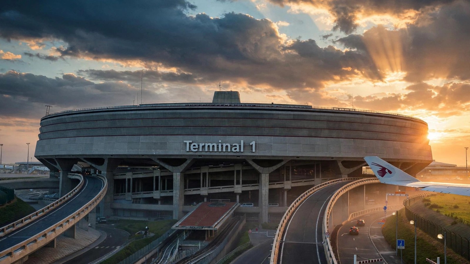 Le Terminal 1 de Roissy-Charles de Gaulle au coucher du soleil
