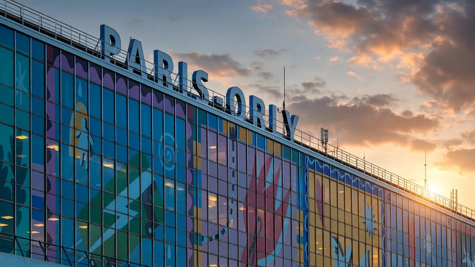 La façade de l'aéroport Paris-Orly au coucher du soleil