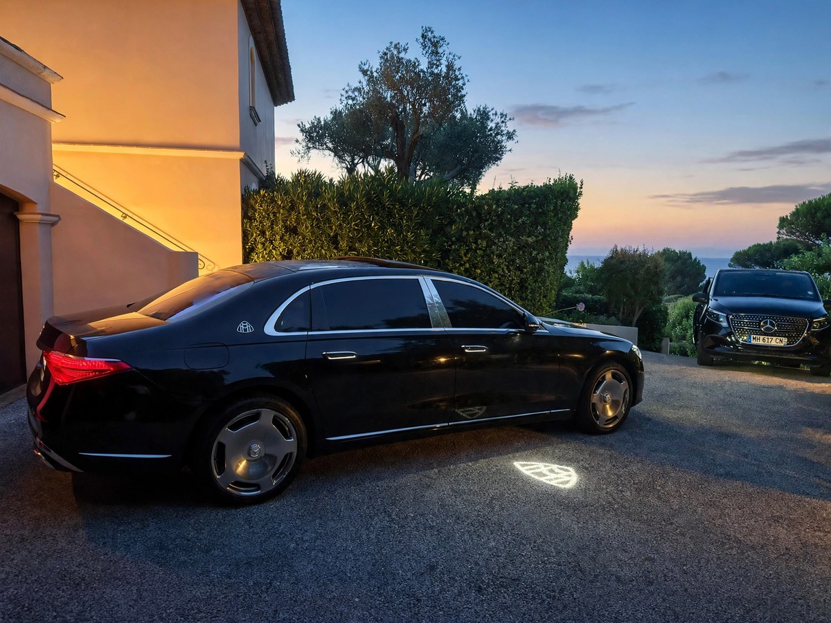 Maybach Velour devant une villa du golfe de Saint-Tropez au coucher du soleil