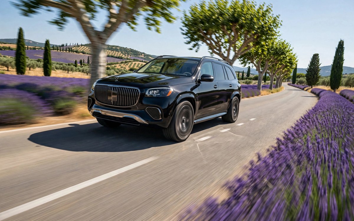 Black Maybach GLS on a Provence road lined with lavender and cypress trees