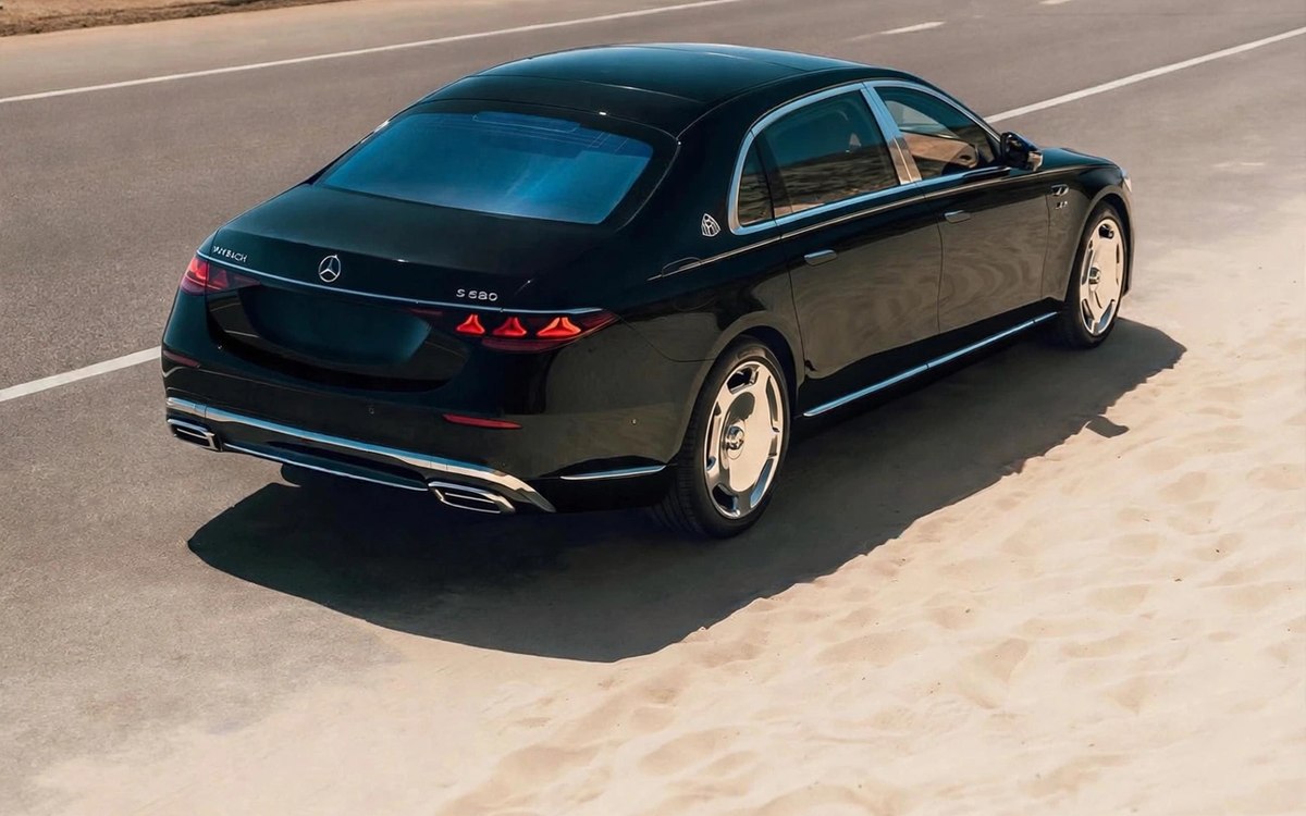 Black Maybach Classe S, rear three-quarter view on a coastal road