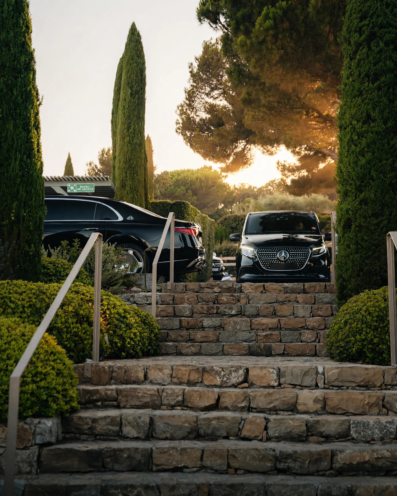 Maybach et Classe V Velour au sommet d'un escalier de pierre, golfe de Saint-Tropez au couchant