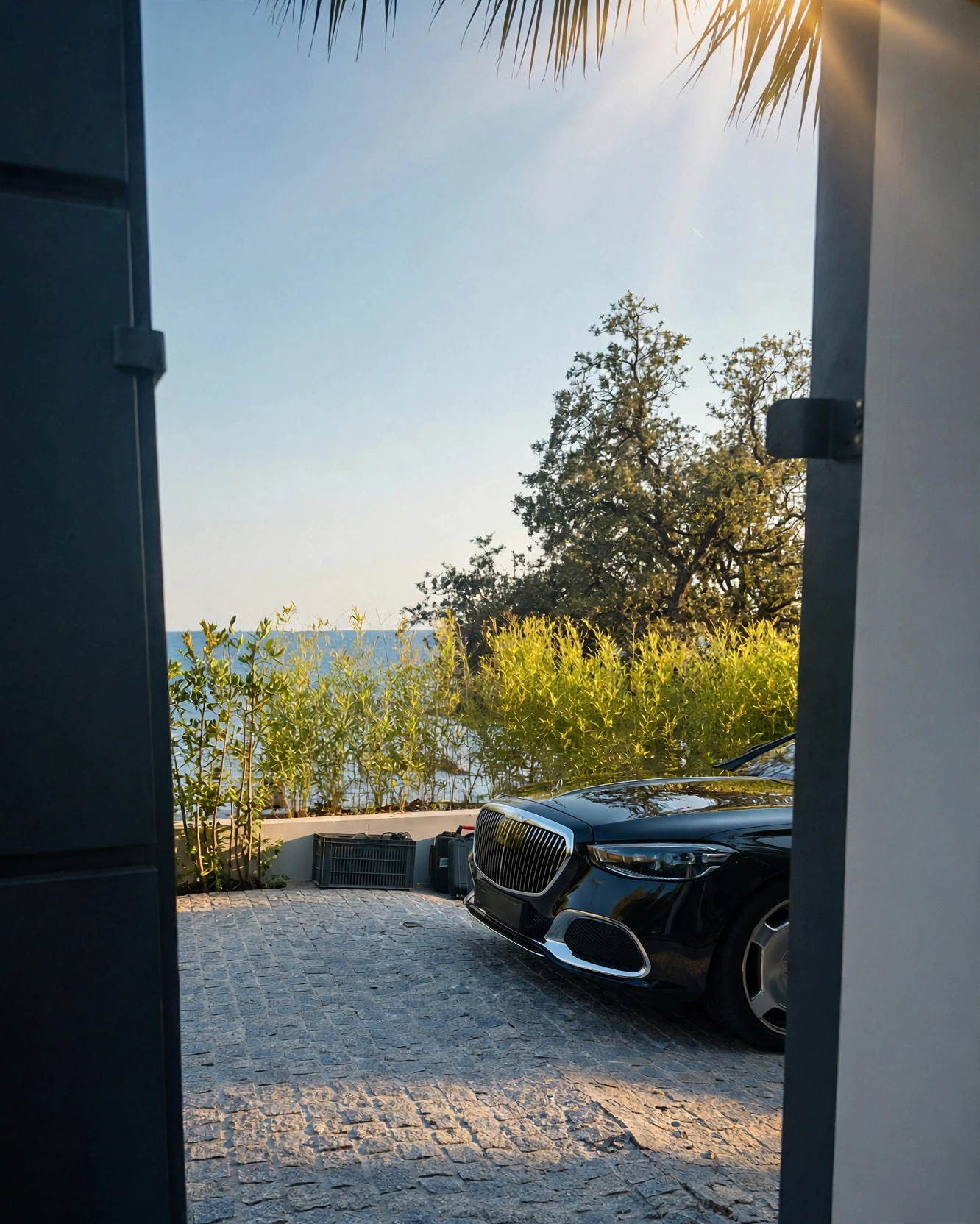 Maybach Velour dans une propriété face à la mer, portail ouvert