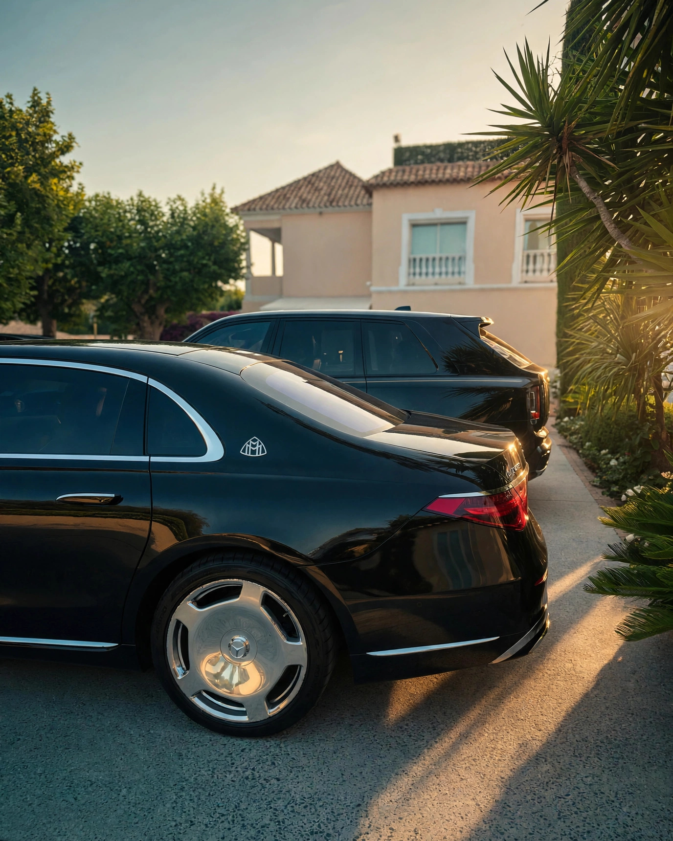 Maybach et Classe V Velour devant une villa du golfe, palmiers au soleil couchant